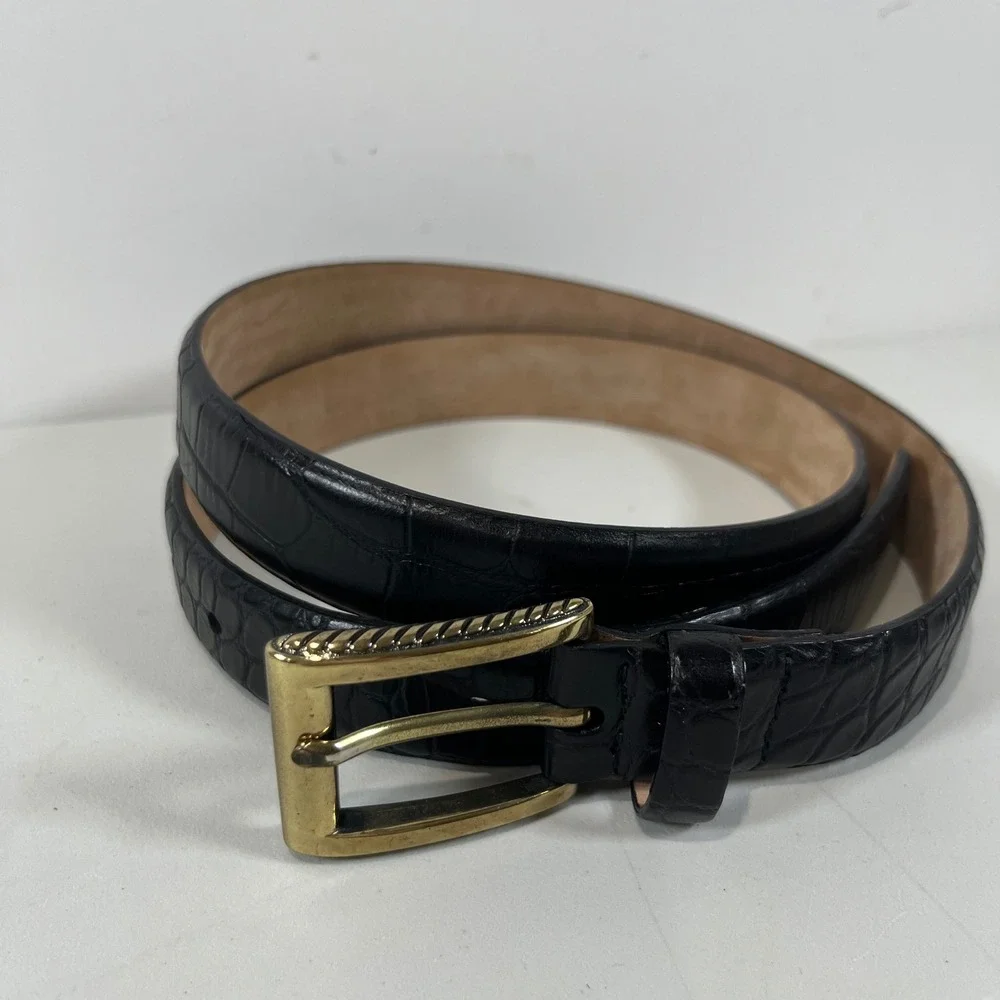 Vtg Talbots Belt Women Large Black Croc Embossed Leather Gold Buckle Classic Y2K